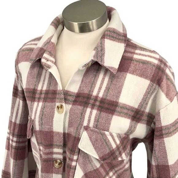 Mud Pie Womens Plaid Balloon Long‎ Sleeve Flannel Shirt Dusty Rose Size Large - Picture 2 of 10
